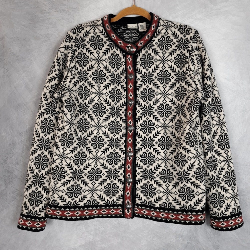 LL Bean Cardigan Sweater Womens Large White Nordic Fair Isle Wool Button Up